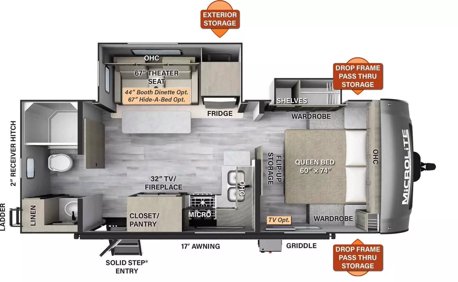 The 25FBLS has two slide outs on the off-door side, along with one entry door. Exterior features include a 17 foot awning, front drop frame pass thru storage, off-door side exterior storage, griddle, rear ladder, and 2 inch receiver hitch. Interior layout from front to back: front bedroom with queen bed with flip-up storage, overhead cabinets, door side wardrobe, off-door side slide out containing shelves and wardrobe (TV optional); kitchen living area with double sinks, overhead cabinets, microwave, stove, entertainment center with TV and fireplace below, and closet/pantry; off-door side slide out containing theater seating with table (booth dinette or hide-a-bed optional), overhead cabinets, and refrigerator; bathroom in the rear.